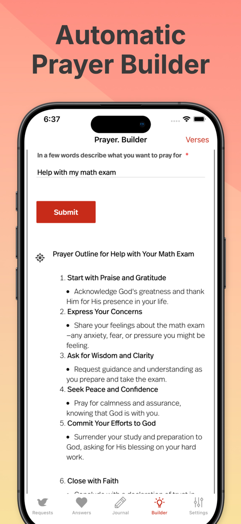 Amen app interface showing the Automatic Prayer Builder feature with a guided prayer outline