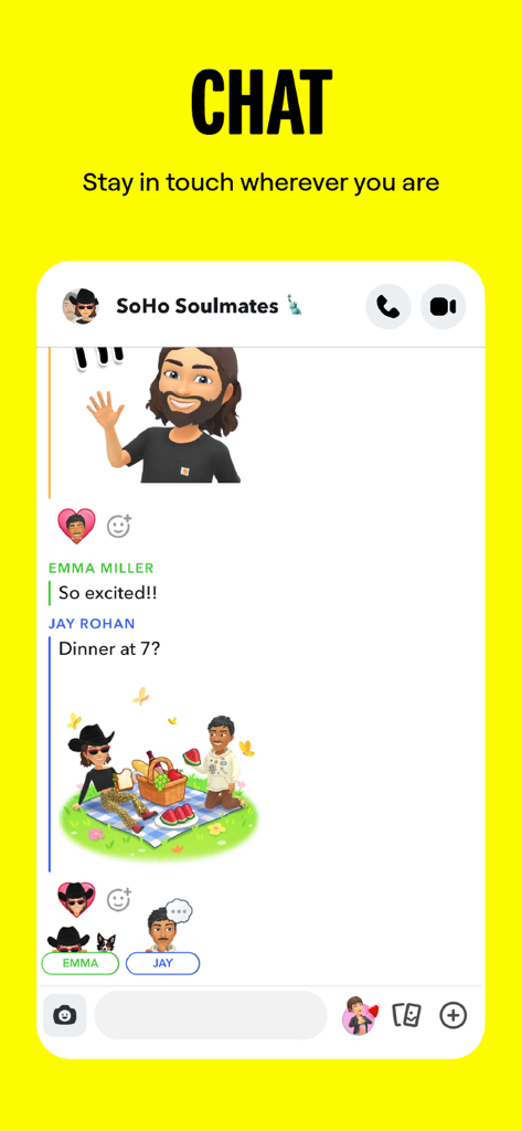 Snapchat group chat interface featuring personalized Bitmoji avatars and stickers.
