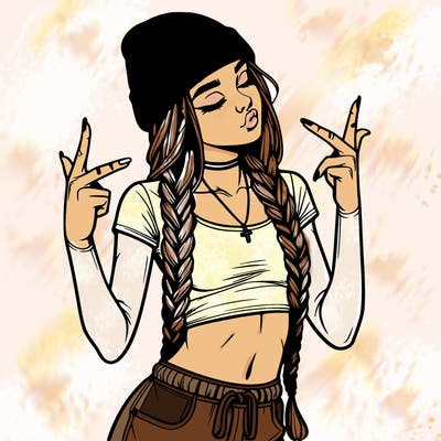realistic teenage girl with braids and a beanie and crop top doing 🫶🏼
