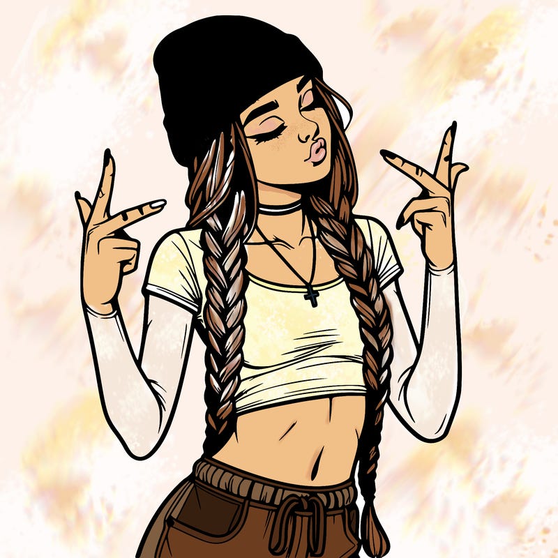 realistic teenage girl with braids and a beanie and crop top doing 🫶🏼