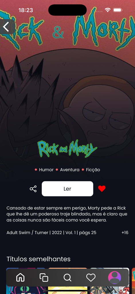 Rick and Morty comic book detail page in the Super Comics app showing read button and description