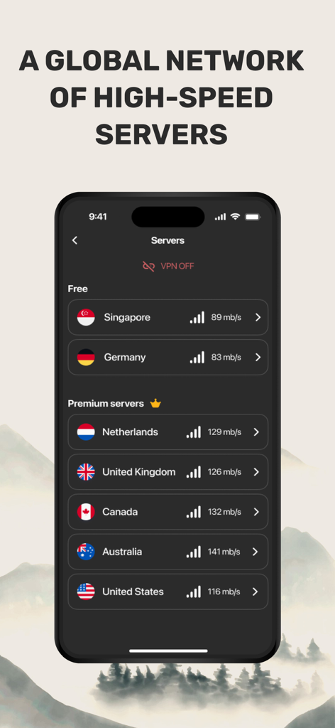 See VPN — for LV - Una pantalla de alto contraste de la aplicación See VPN para LV que muestra una lista de servidores globales de alta velocidad
