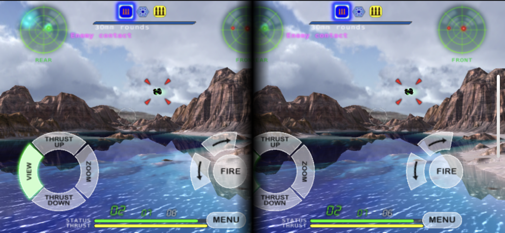 VR stereoscopic view of Nemesis space shooter gameplay over a mountain lake landscape