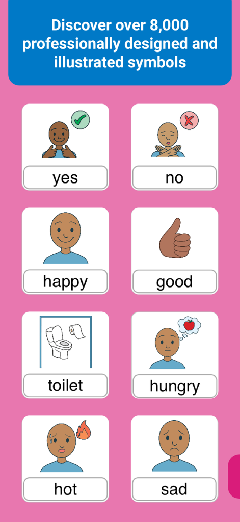 Twinkl Symbols AAC System - Un aperçu de la bibliothèque de l'application AAC Twinkl Symbols présentant des cartes illustrées pour les besoins de base et les émotions comme heureux, faim et toilettes.
