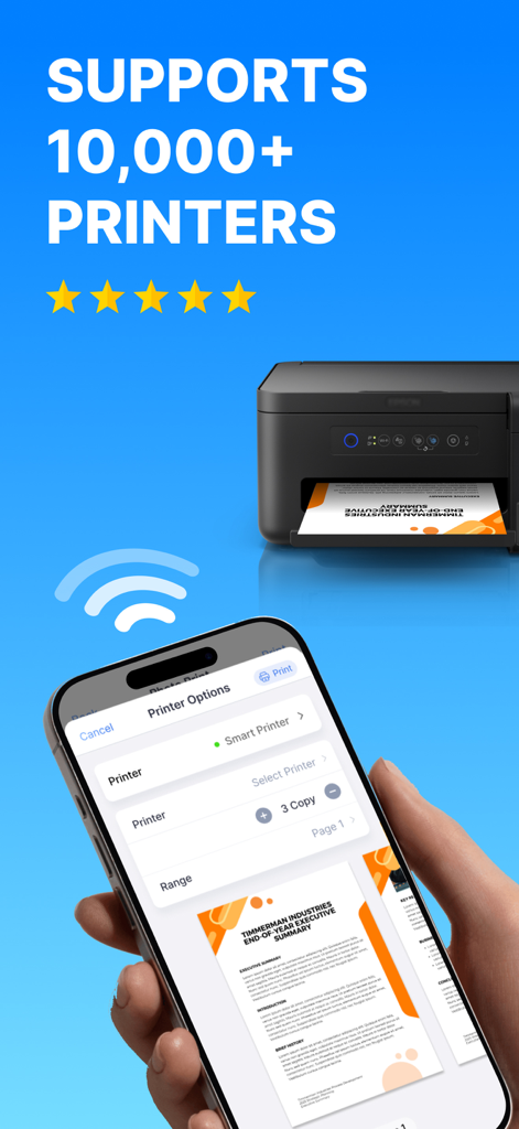 Printer App: Smart Print App - Una mano sosteniendo un iPhone usando la Printer App para conectarse de forma inalámbrica a una impresora doméstica