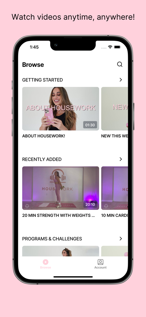 A smartphone displaying the HOUSEWORK fitness app browse menu with various Pilates and HIIT workout videos.