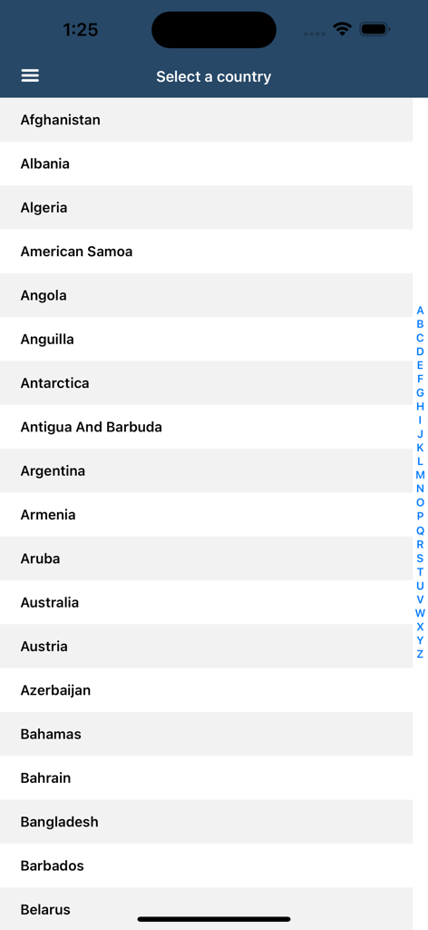 Alphabetical list of countries in the NOAA AWC Aviation Weather app for global weather data.