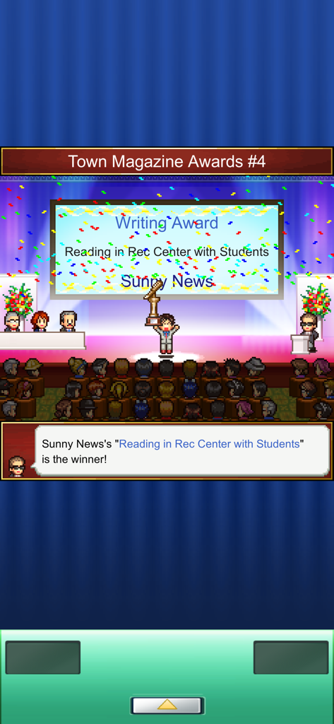 Pixel art scene of a character holding a trophy on stage at the Town Magazine Awards ceremony