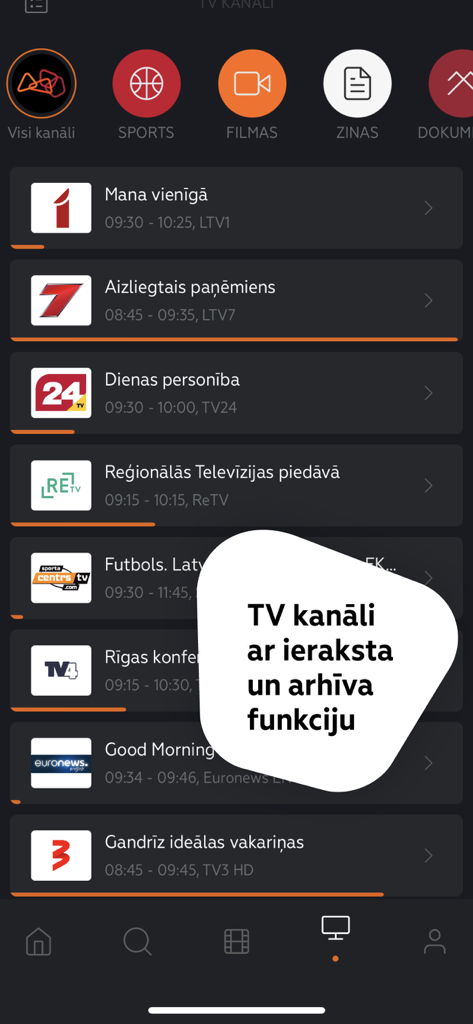 LMT Viedtelevīzija - LMT Viedtelevīzija app interface displaying a list of Latvian TV channels with an archive and recording feature notification.