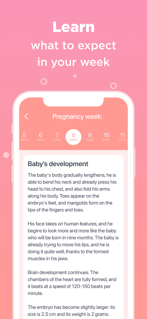 Pregnancy Tracker - BabyInside - Detailed baby development guide for pregnancy week 8 showing size and weight