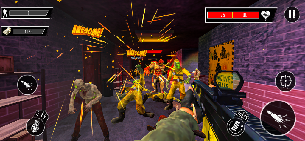 Zombie Graveyard Gun Shooting - A first person shooter game screen showing a player firing an assault rifle at zombies in hazmat suits