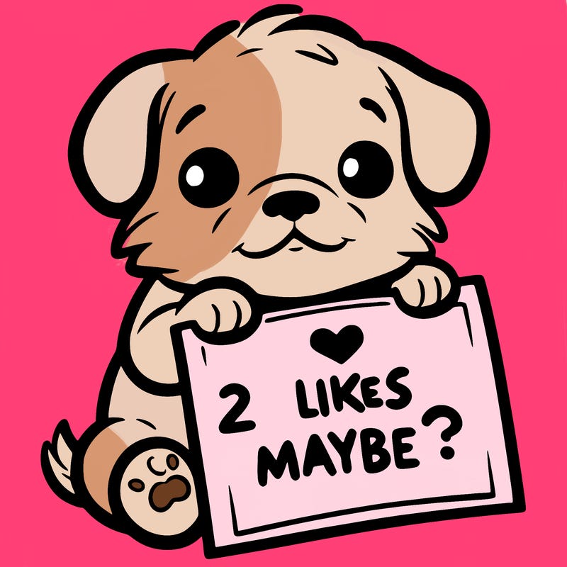 a puppy holding a sign that says 2 likes maybe?