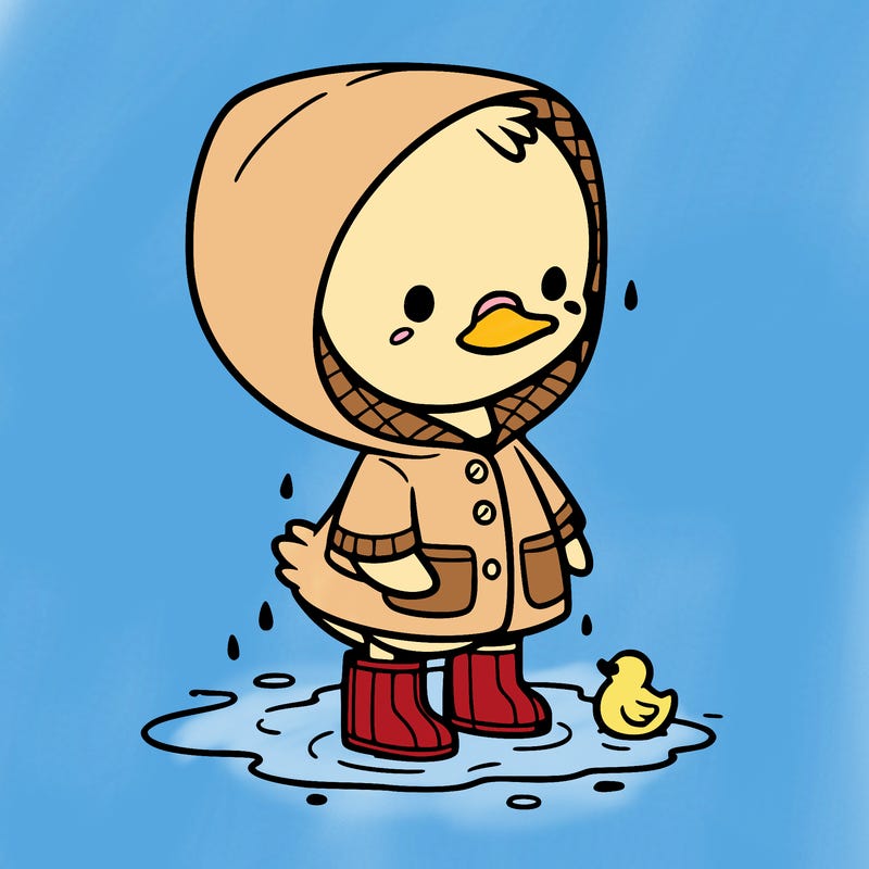 baby duck in a rain coat and boots, in a puddle while it’s raining