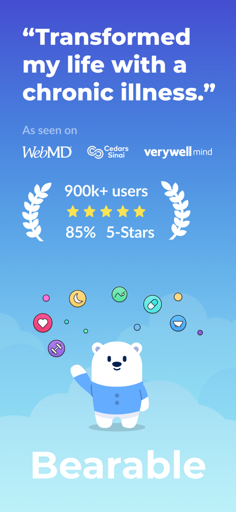 Bearable app splash screen showing 900k plus users and health media mentions from WebMD and Cedars Sinai