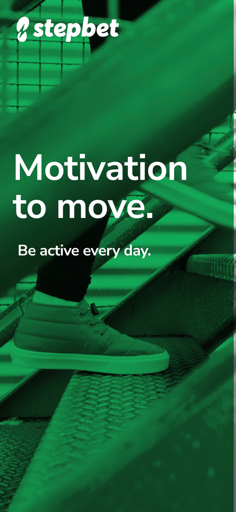 StepBet: Walk, Get Active, Win - Eine Person geht eine Metalltreppe hinauf, mit dem StepBet-Logo und dem Text 'Motivation to move'
