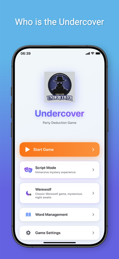 Who is Undercover--Party Game - Home screen of the Who is Undercover party game app with a minimalist menu featuring Start Game, Script Mode, and Werewolf options.