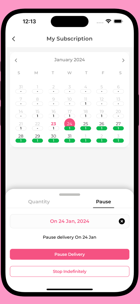 Subscription calendar in the Milk n More app showing options to pause delivery for a specific date