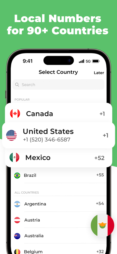 OnPhone - Second Phone Number - OnPhoneアプリ画面に、ローカルセカンド電話番号を選択するための国リストが表示されている