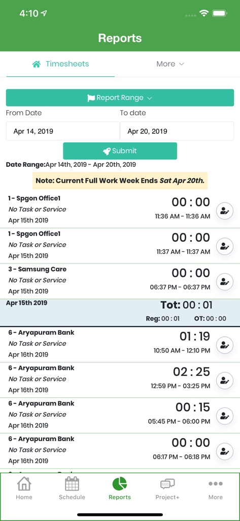 Timesheet Mobile app reports screen displaying a weekly summary of employee hours and job sites