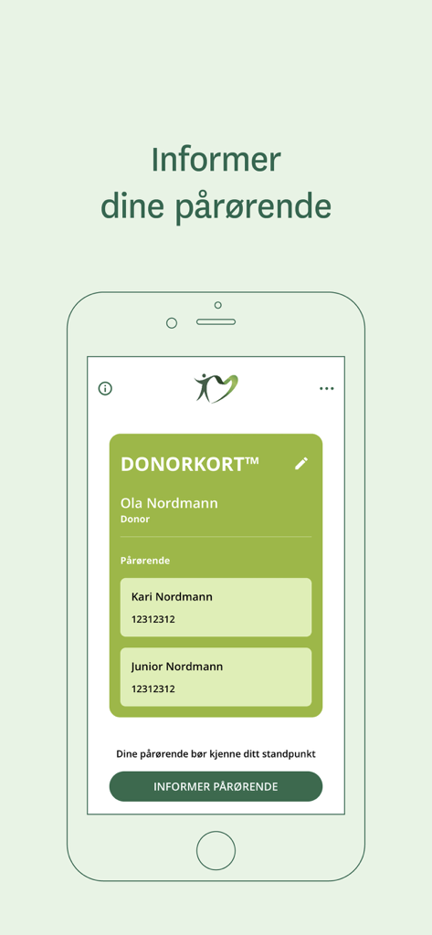 Donorkort - Digital organ donor card interface showing donor status and next of kin contact information on a smartphone.
