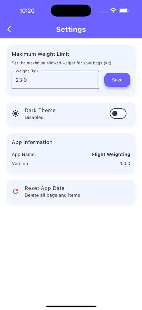 Settings screen of Bagga Calc app showing options to set maximum luggage weight limit and toggle dark theme
