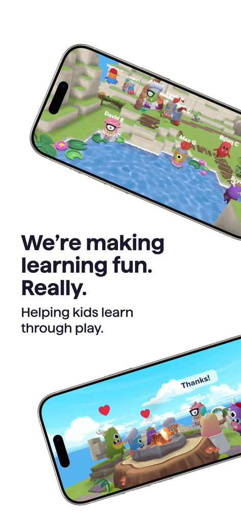 ClassDojo - Two smartphones displaying the ClassDojo gamified interface with colorful monster avatars in a 3D virtual classroom setting.