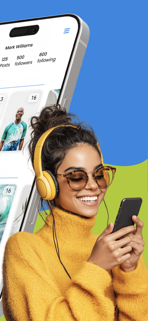 A young content creator smiling while using the Social Network Analyzer app to view engagement analytics on her phone.