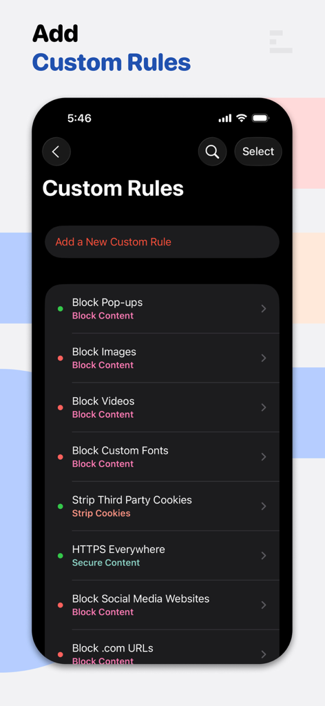 Interface of the Roadblock app showing a list of custom rules to block pop-ups images and third-party cookies on Safari