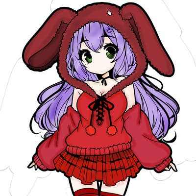 pretty anime girl wearing a fluffy hoodie with bunny ears on the hood and a skirt