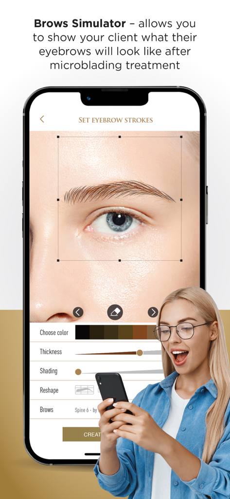 PhiApp Augenbrauen-Simulator-Oberfläche mit Microblading-Anpassungswerkzeugen auf einem Smartphone