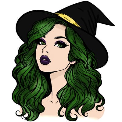 realistic witch girl with wavy hair and lips