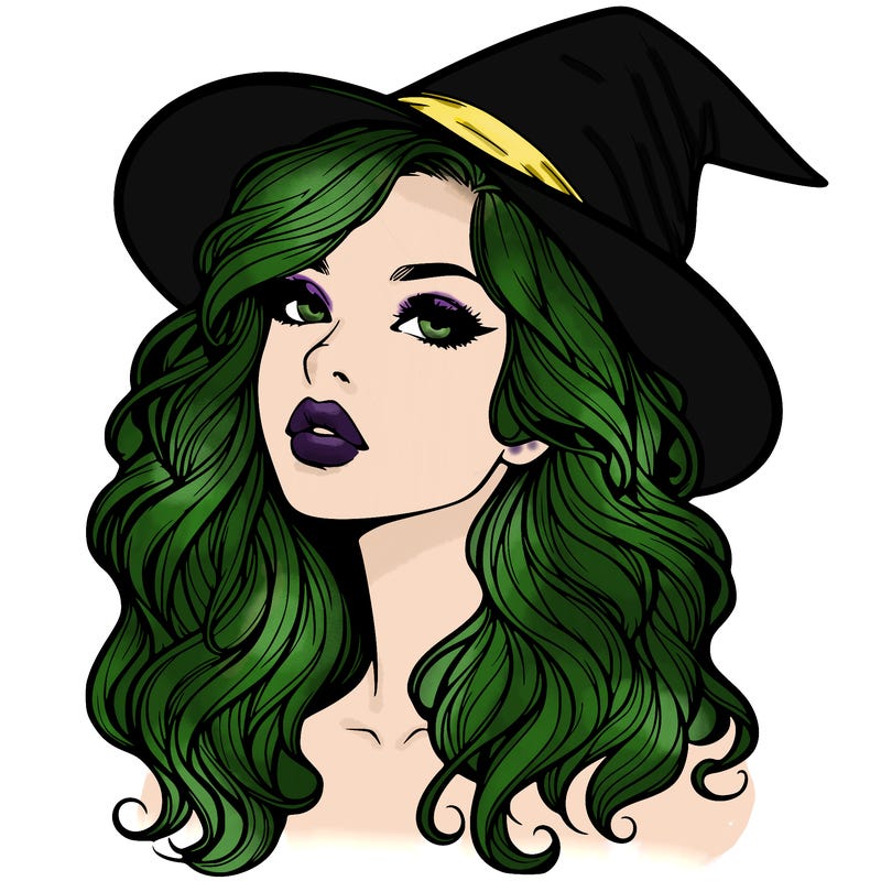 realistic witch girl with wavy hair and lips