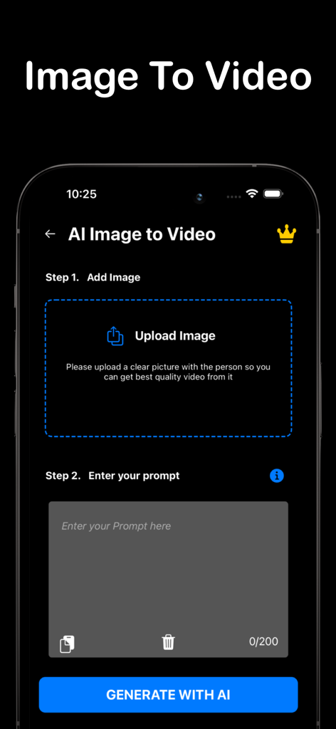 Video AI: Photo to Video Maker - Video AIアプリのインターフェイスで、画像、テキストプロンプト、動画生成のステップが表示されています