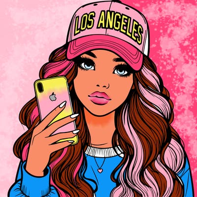 realistic beautiful girl wearing los ángeles cap holding an iphone