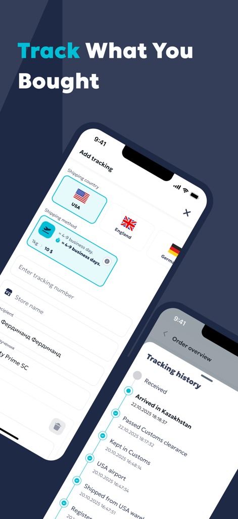 Movato - Online Shopping - Movato app interface for tracking international shipments and viewing delivery history