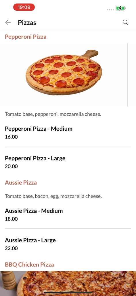Mobile app screen for Bernie's Takeaway displaying a selection of pizzas with ingredients and prices.