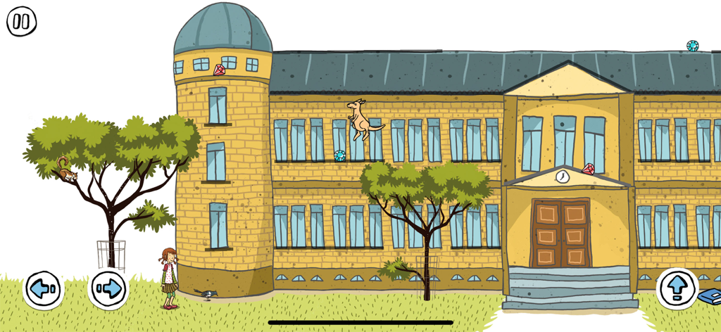 Lesestart zum Lesenlernen - A kangaroo character jumping in front of a library building in a gameplay scene from the Lesestart German learning app