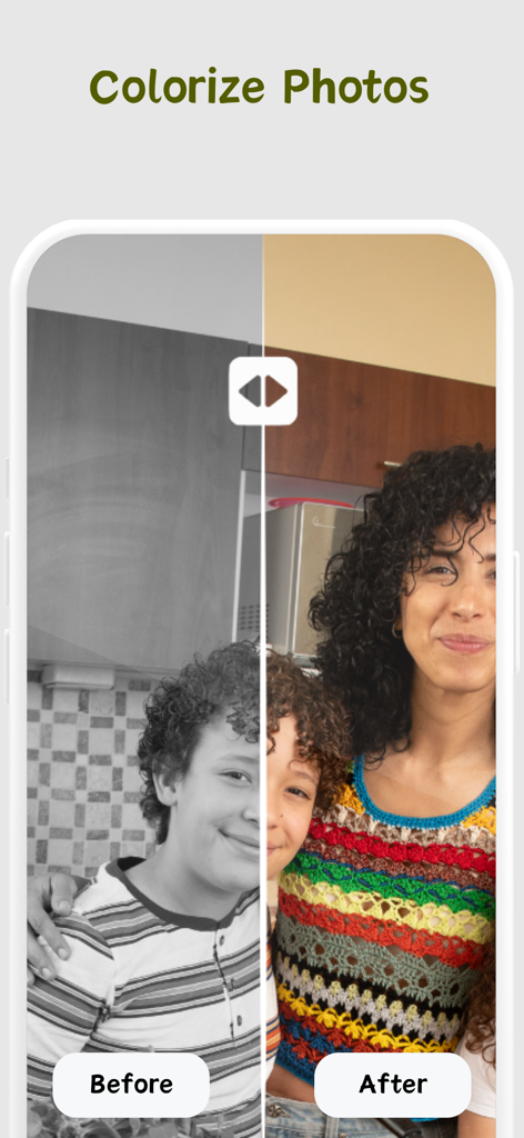 Make Photos Clear - Colorize - A before and after comparison of a black and white photo of a woman and child being colorized by the app