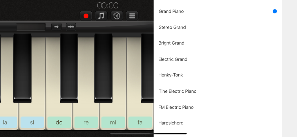Grand Piano ∞ - A virtual piano keyboard interface with labeled keys and a side menu showing various piano instrument options