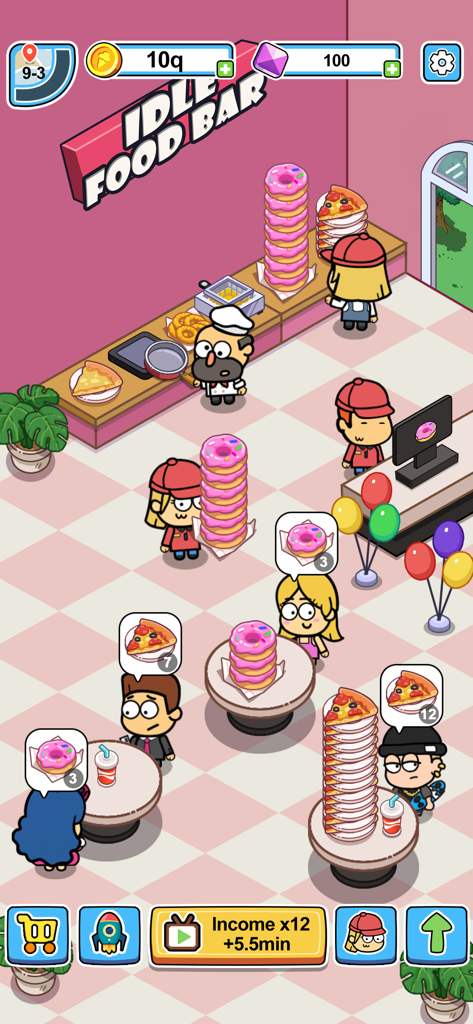 Idle Food Bar: Olivia & Oliver - Cartoon restaurant simulation showing staff serving stacks of donuts and pizza to customers