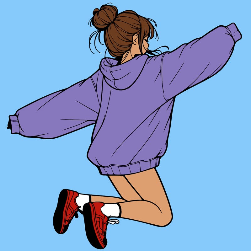 realistic girl jumping with a bun and oversized sweatshirt