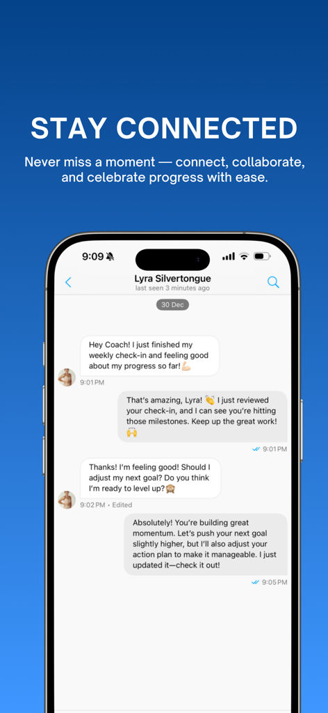 Kahunas - A mobile screen showing a chat conversation between a fitness coach and a client named Lyra Silvertongue inside the Kahunas app.