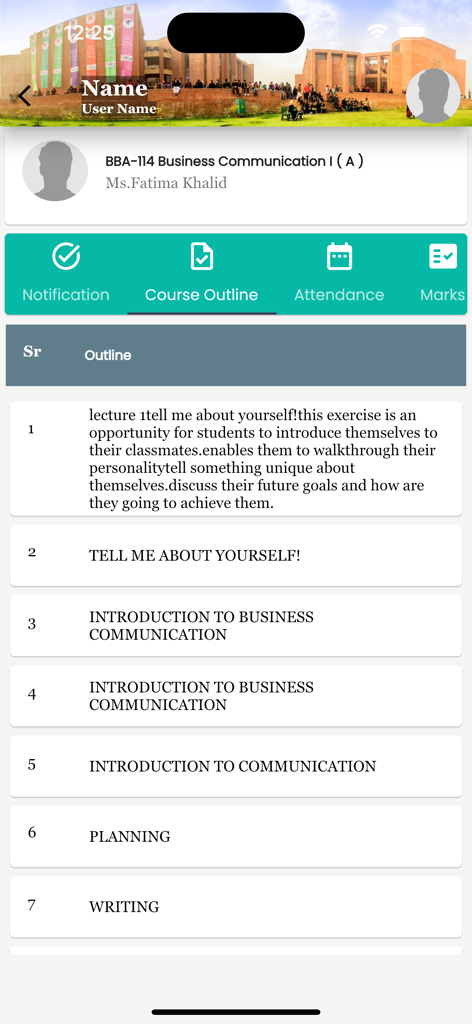 BNU CMS - Screenshot of the BNU CMS mobile app showing the course outline for a Business Communication class.