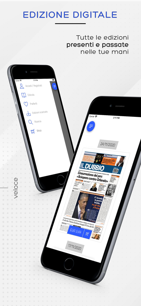 Il Dubbio - Il Dubbio app interface showing digital newspaper editions and side menu options on mobile devices