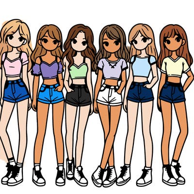 a group of girls wearing crop tops and shorts