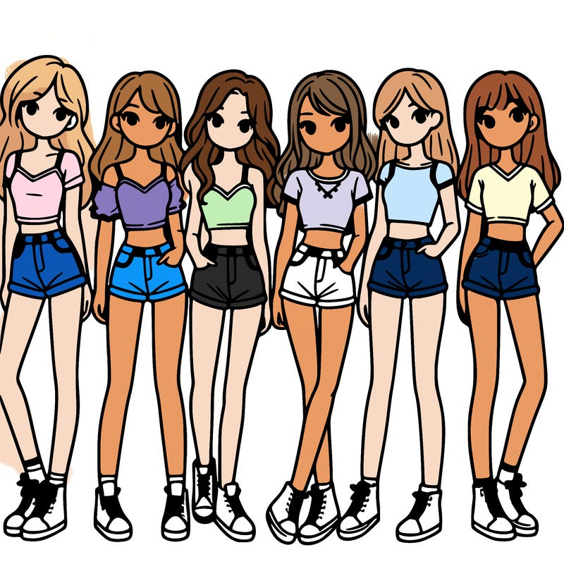 a group of girls wearing crop tops and shorts