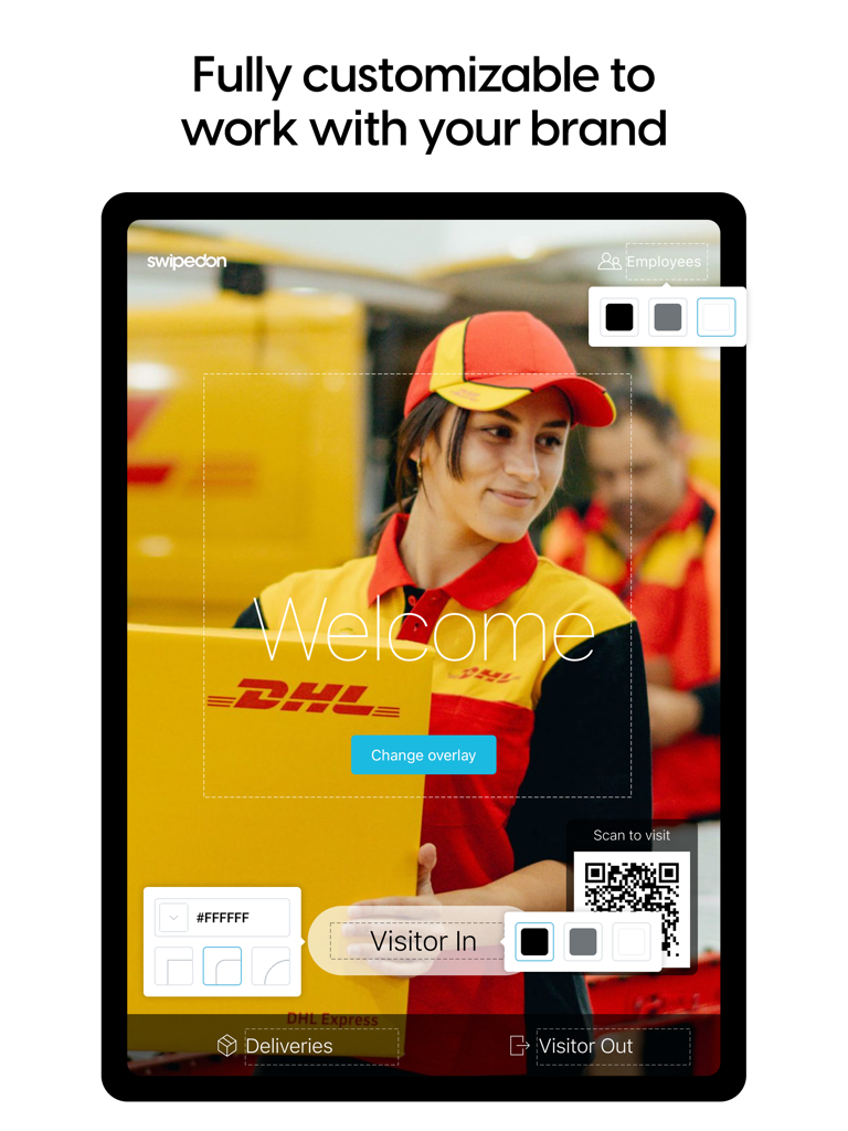 SwipedOn iPad app interface showing a fully customized DHL branded welcome screen with visitor sign-in and delivery options.