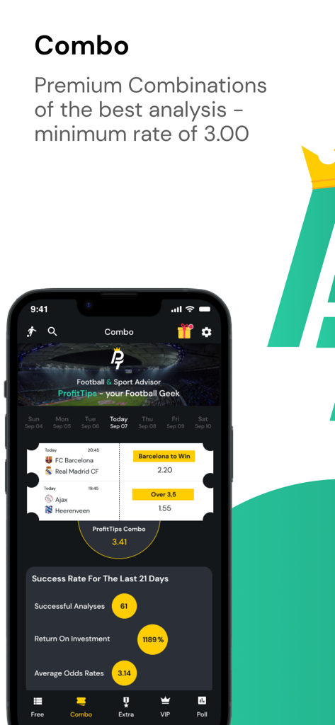 ProfitTips - Football Tips - Interfaz de la aplicación ProfitTips que muestra selecciones de apuestas combinadas de fútbol premium con altas tasas de éxito y estadísticas de ROI