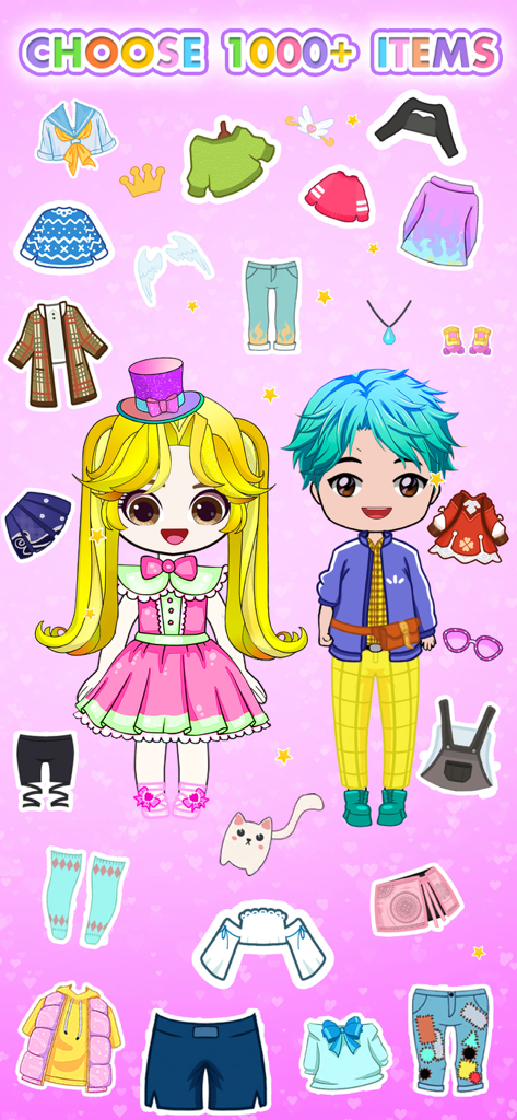 Dress Up Doll Games - Two cute chibi characters surrounded by many colorful clothing items and accessories for dress up.