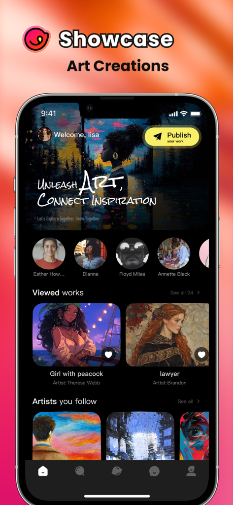 Bitty: Video, Live, Match - A mobile interface for the Bitty app showcasing a social feed of digital art creations and artist profiles.